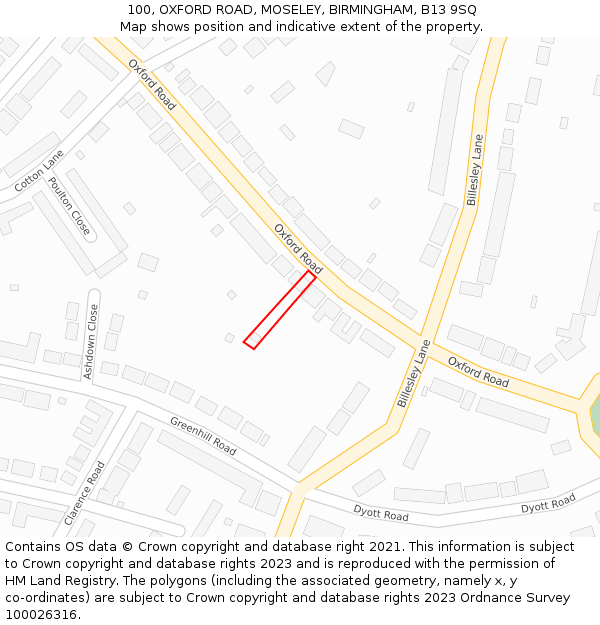 100, OXFORD ROAD, MOSELEY, BIRMINGHAM, B13 9SQ: Location map and indicative extent of plot