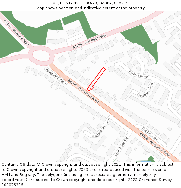 100, PONTYPRIDD ROAD, BARRY, CF62 7LT: Location map and indicative extent of plot