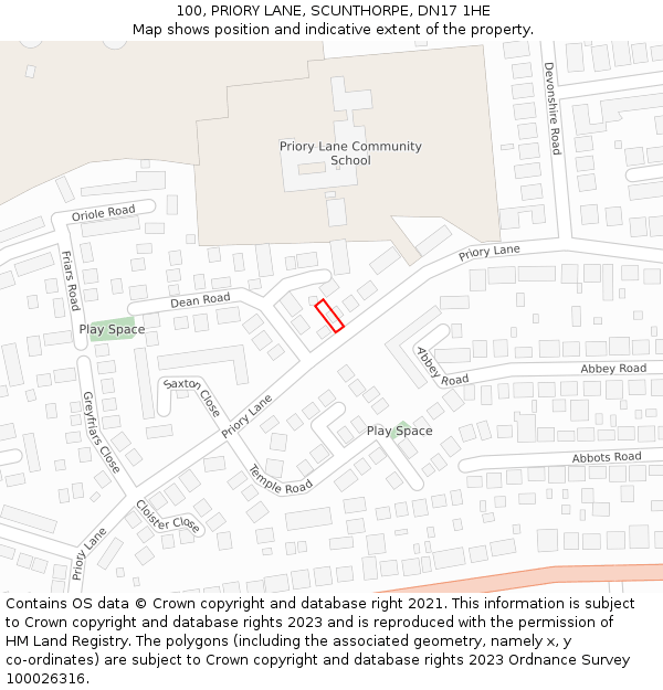 100, PRIORY LANE, SCUNTHORPE, DN17 1HE: Location map and indicative extent of plot