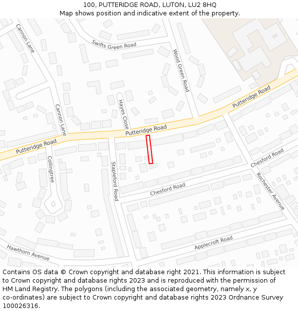 100, PUTTERIDGE ROAD, LUTON, LU2 8HQ: Location map and indicative extent of plot