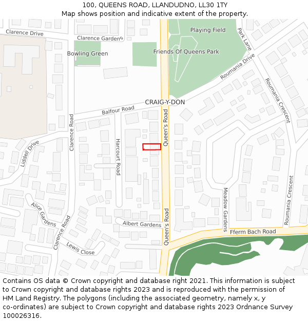 100, QUEENS ROAD, LLANDUDNO, LL30 1TY: Location map and indicative extent of plot