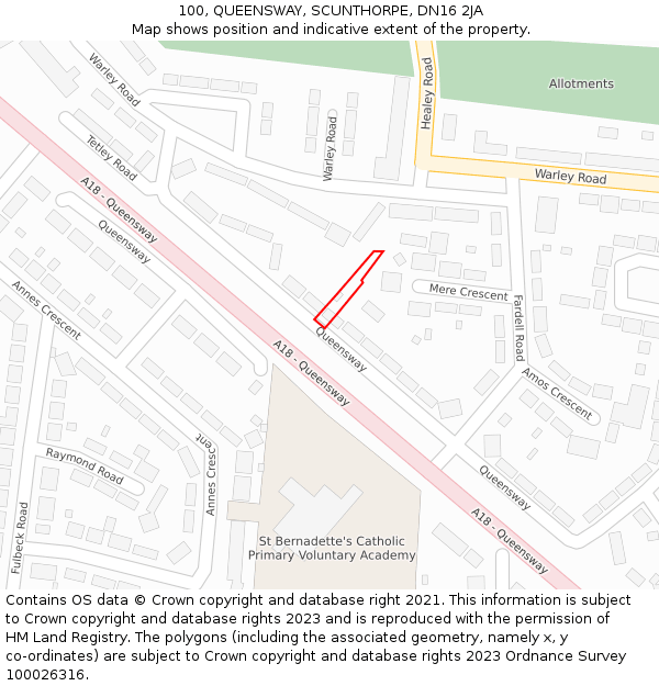 100, QUEENSWAY, SCUNTHORPE, DN16 2JA: Location map and indicative extent of plot