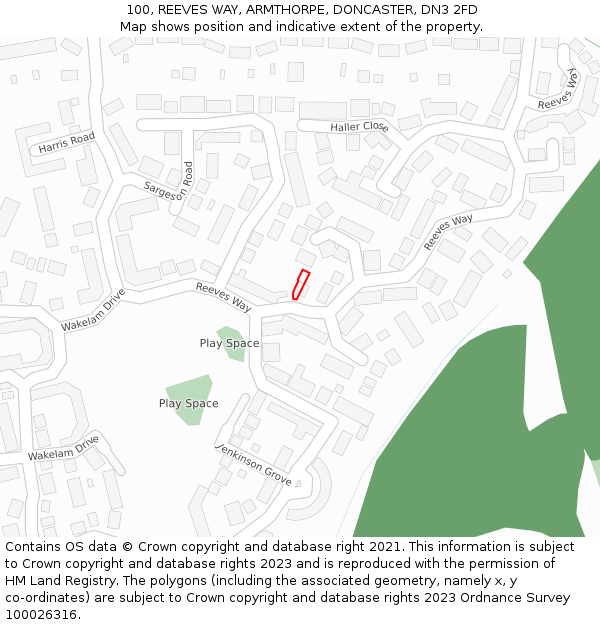 100, REEVES WAY, ARMTHORPE, DONCASTER, DN3 2FD: Location map and indicative extent of plot