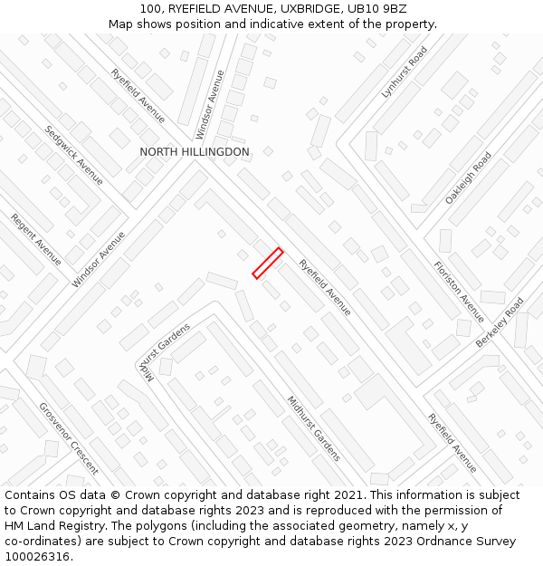 100, RYEFIELD AVENUE, UXBRIDGE, UB10 9BZ: Location map and indicative extent of plot