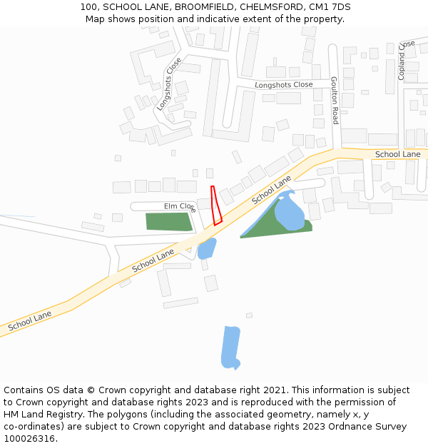 100, SCHOOL LANE, BROOMFIELD, CHELMSFORD, CM1 7DS: Location map and indicative extent of plot