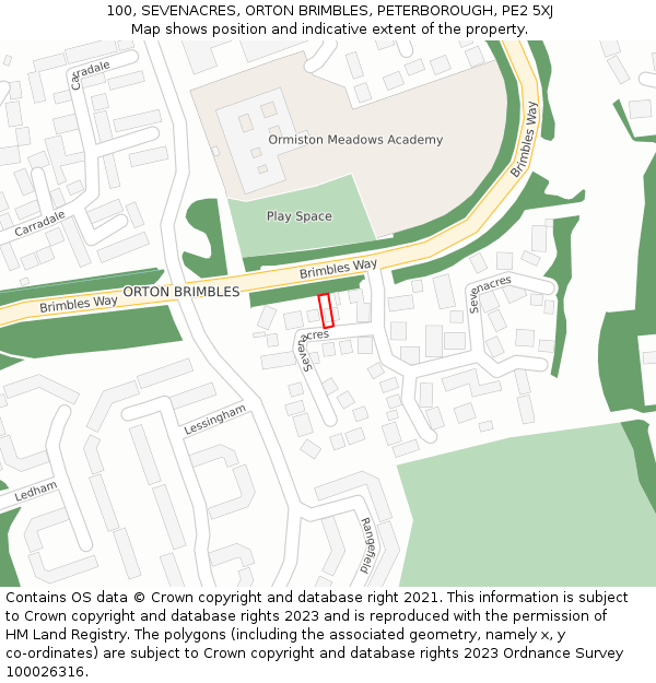 100, SEVENACRES, ORTON BRIMBLES, PETERBOROUGH, PE2 5XJ: Location map and indicative extent of plot