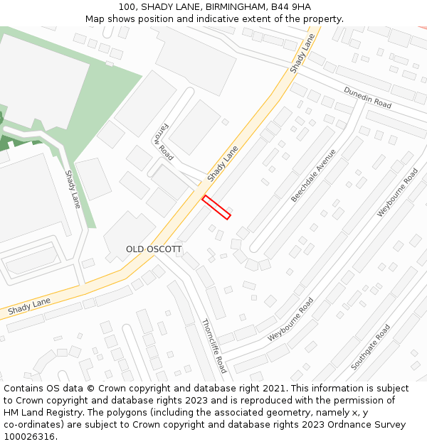 100, SHADY LANE, BIRMINGHAM, B44 9HA: Location map and indicative extent of plot