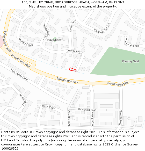 100, SHELLEY DRIVE, BROADBRIDGE HEATH, HORSHAM, RH12 3NT: Location map and indicative extent of plot