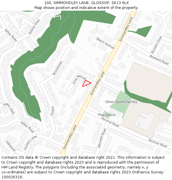 100, SIMMONDLEY LANE, GLOSSOP, SK13 6LX: Location map and indicative extent of plot