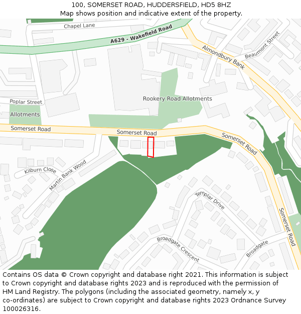 100, SOMERSET ROAD, HUDDERSFIELD, HD5 8HZ: Location map and indicative extent of plot