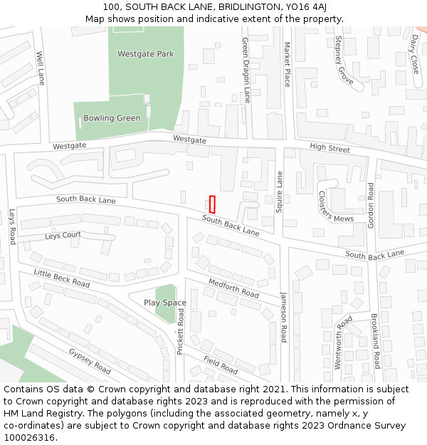 100, SOUTH BACK LANE, BRIDLINGTON, YO16 4AJ: Location map and indicative extent of plot