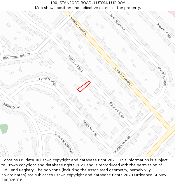 100, STANFORD ROAD, LUTON, LU2 0QA: Location map and indicative extent of plot