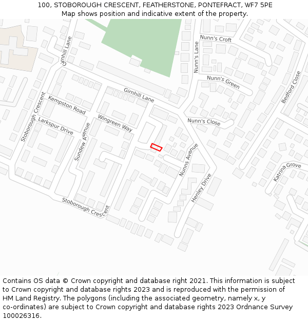 100, STOBOROUGH CRESCENT, FEATHERSTONE, PONTEFRACT, WF7 5PE: Location map and indicative extent of plot