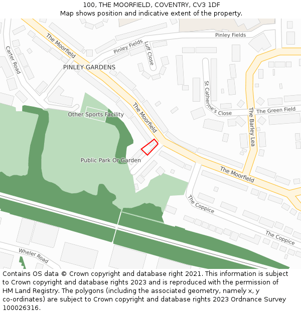 100, THE MOORFIELD, COVENTRY, CV3 1DF: Location map and indicative extent of plot