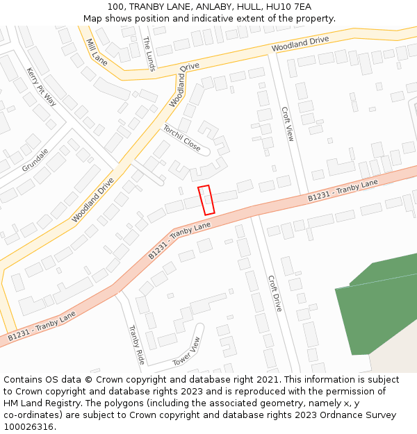 100, TRANBY LANE, ANLABY, HULL, HU10 7EA: Location map and indicative extent of plot