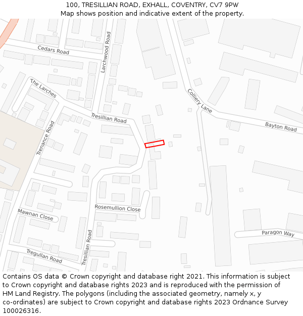 100, TRESILLIAN ROAD, EXHALL, COVENTRY, CV7 9PW: Location map and indicative extent of plot