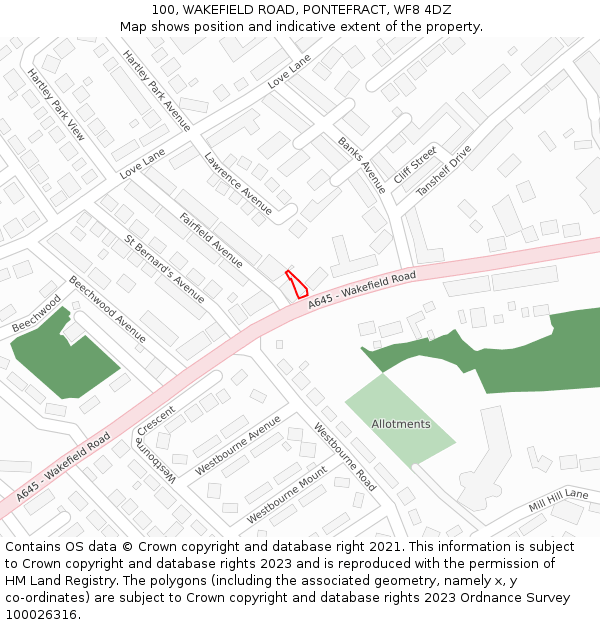 100, WAKEFIELD ROAD, PONTEFRACT, WF8 4DZ: Location map and indicative extent of plot