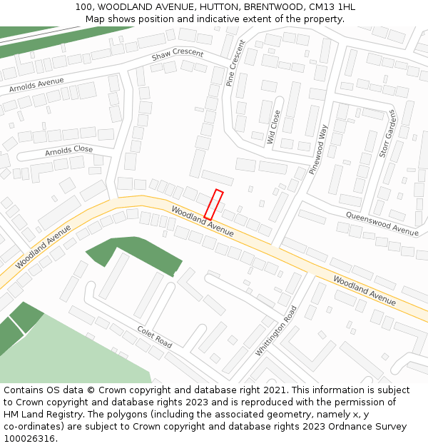 100, WOODLAND AVENUE, HUTTON, BRENTWOOD, CM13 1HL: Location map and indicative extent of plot