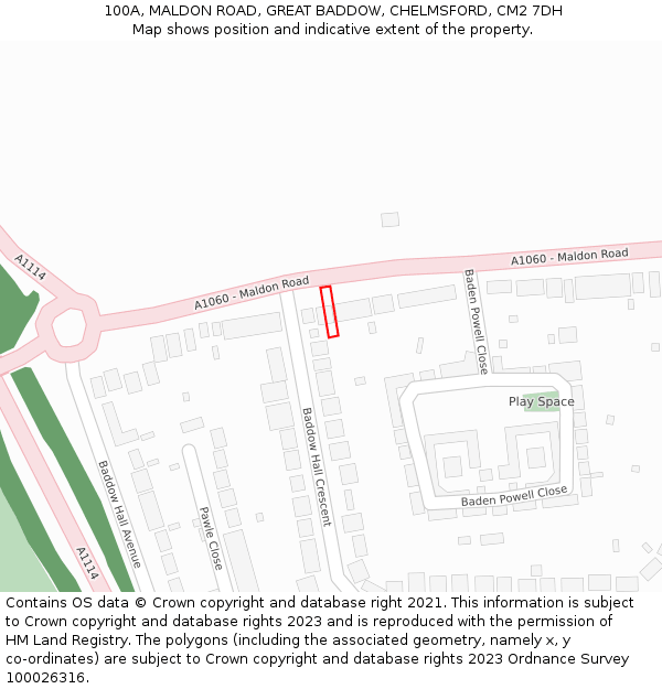 100A, MALDON ROAD, GREAT BADDOW, CHELMSFORD, CM2 7DH: Location map and indicative extent of plot