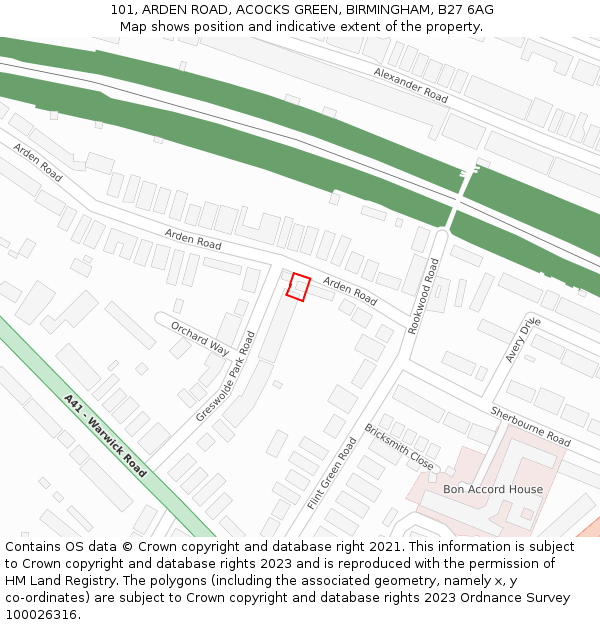 101, ARDEN ROAD, ACOCKS GREEN, BIRMINGHAM, B27 6AG: Location map and indicative extent of plot