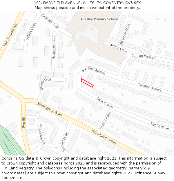 101, BARNFIELD AVENUE, ALLESLEY, COVENTRY, CV5 9FX: Location map and indicative extent of plot