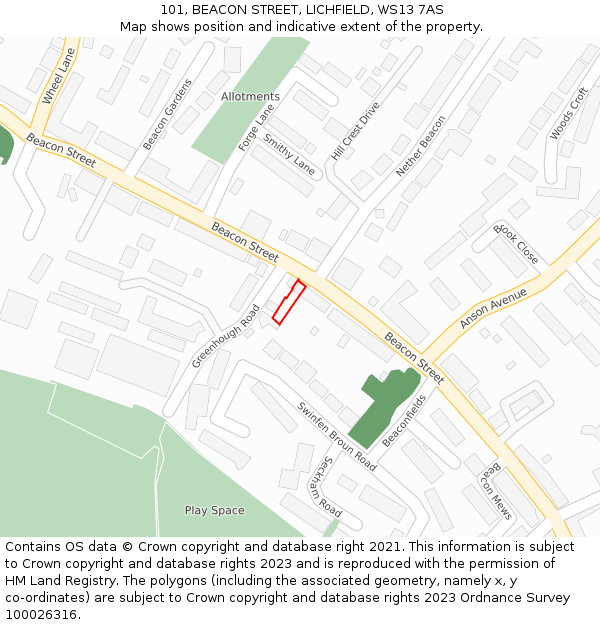 101, BEACON STREET, LICHFIELD, WS13 7AS: Location map and indicative extent of plot