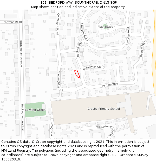 101, BEDFORD WAY, SCUNTHORPE, DN15 8GF: Location map and indicative extent of plot