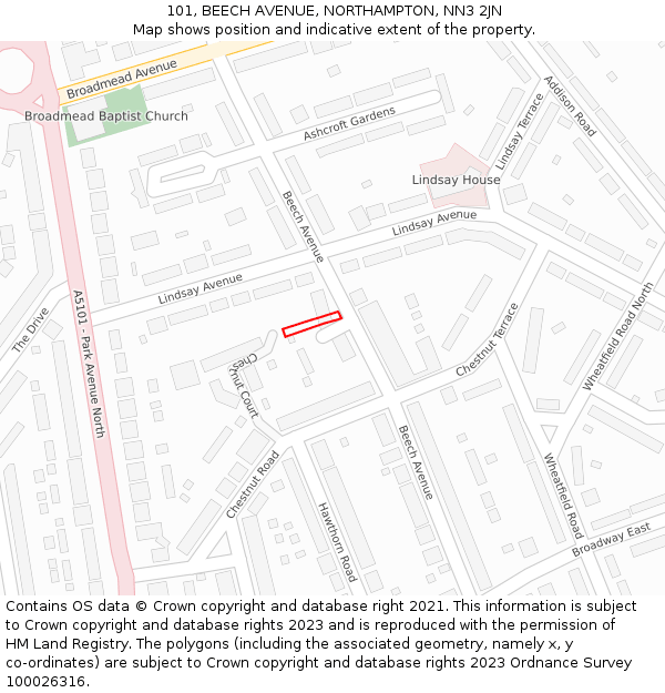 101, BEECH AVENUE, NORTHAMPTON, NN3 2JN: Location map and indicative extent of plot