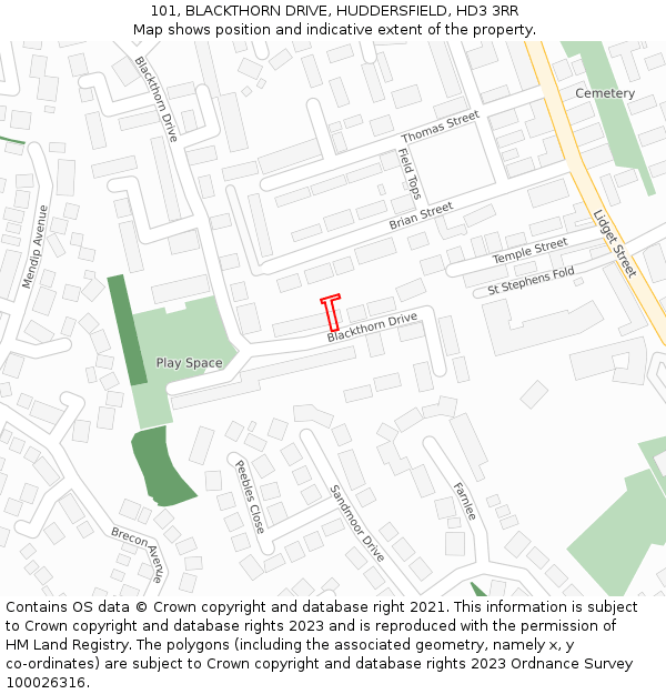 101, BLACKTHORN DRIVE, HUDDERSFIELD, HD3 3RR: Location map and indicative extent of plot