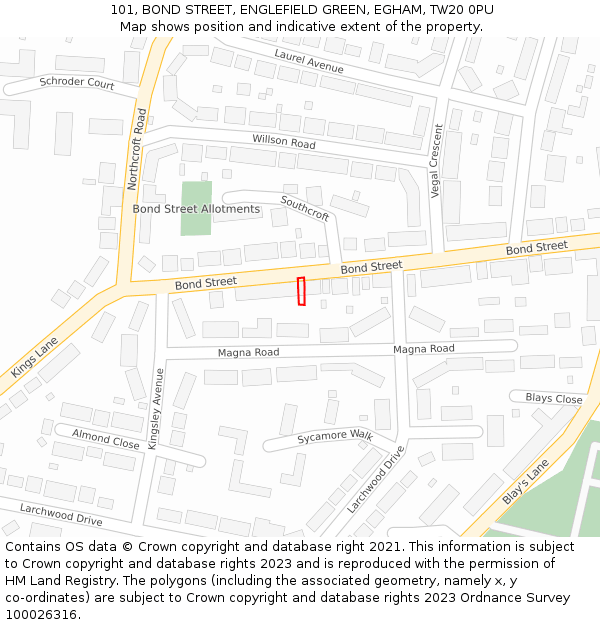 101, BOND STREET, ENGLEFIELD GREEN, EGHAM, TW20 0PU: Location map and indicative extent of plot