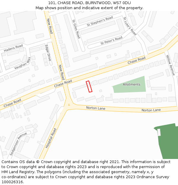 101, CHASE ROAD, BURNTWOOD, WS7 0DU: Location map and indicative extent of plot