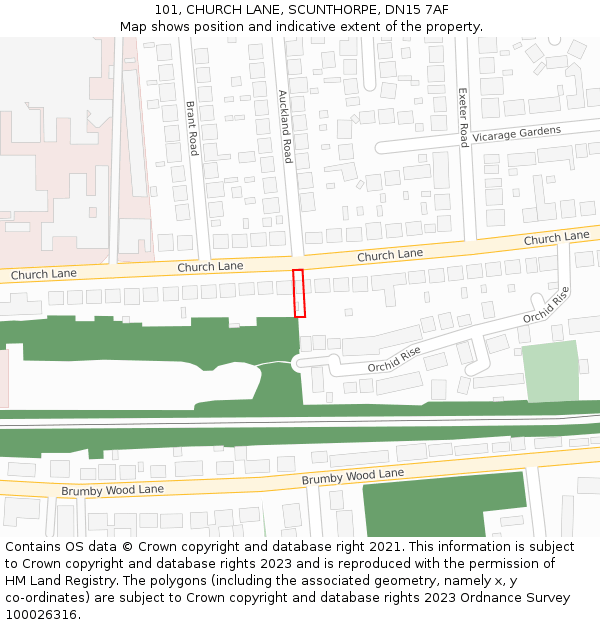 101, CHURCH LANE, SCUNTHORPE, DN15 7AF: Location map and indicative extent of plot