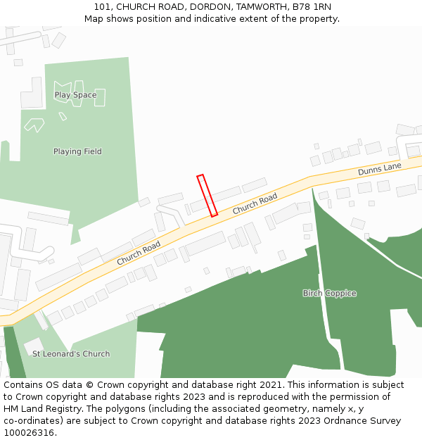 101, CHURCH ROAD, DORDON, TAMWORTH, B78 1RN: Location map and indicative extent of plot