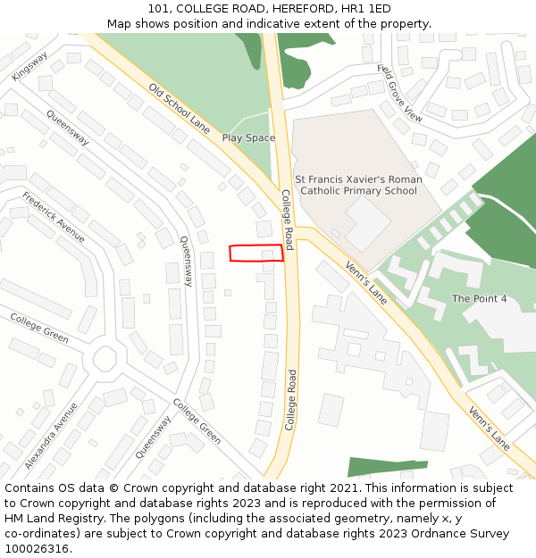 101, COLLEGE ROAD, HEREFORD, HR1 1ED: Location map and indicative extent of plot