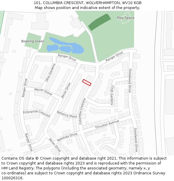 101, COLUMBIA CRESCENT, WOLVERHAMPTON, WV10 6GB: Location map and indicative extent of plot