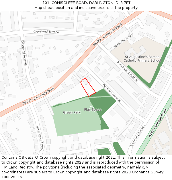 101, CONISCLIFFE ROAD, DARLINGTON, DL3 7ET: Location map and indicative extent of plot