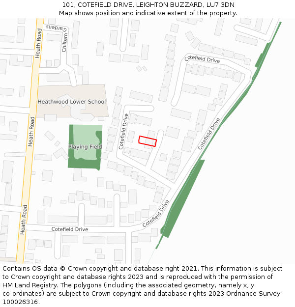 101, COTEFIELD DRIVE, LEIGHTON BUZZARD, LU7 3DN: Location map and indicative extent of plot