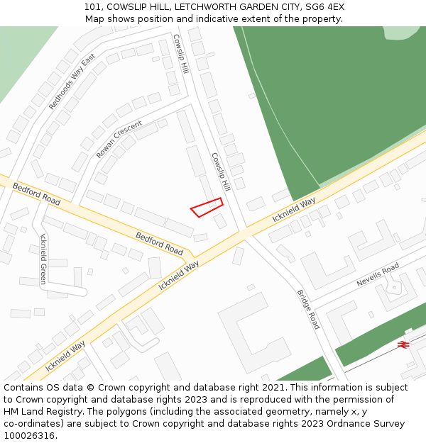 101, COWSLIP HILL, LETCHWORTH GARDEN CITY, SG6 4EX: Location map and indicative extent of plot