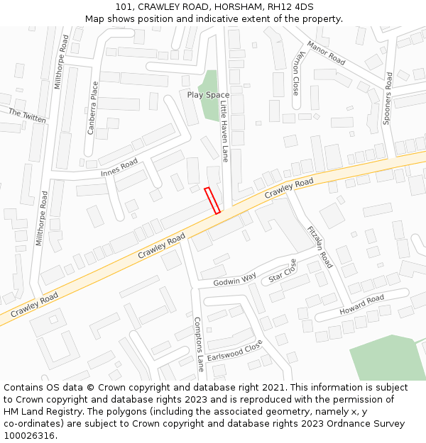 101, CRAWLEY ROAD, HORSHAM, RH12 4DS: Location map and indicative extent of plot