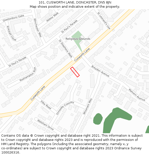 101, CUSWORTH LANE, DONCASTER, DN5 8JN: Location map and indicative extent of plot