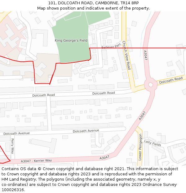 101, DOLCOATH ROAD, CAMBORNE, TR14 8RP: Location map and indicative extent of plot