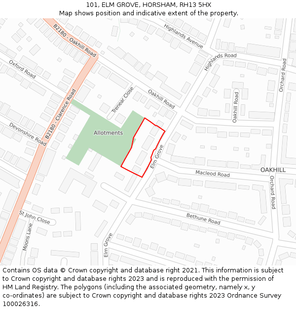 101, ELM GROVE, HORSHAM, RH13 5HX: Location map and indicative extent of plot