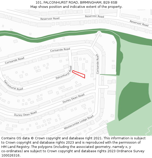 101, FALCONHURST ROAD, BIRMINGHAM, B29 6SB: Location map and indicative extent of plot