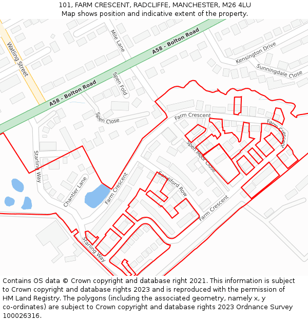 101, FARM CRESCENT, RADCLIFFE, MANCHESTER, M26 4LU: Location map and indicative extent of plot