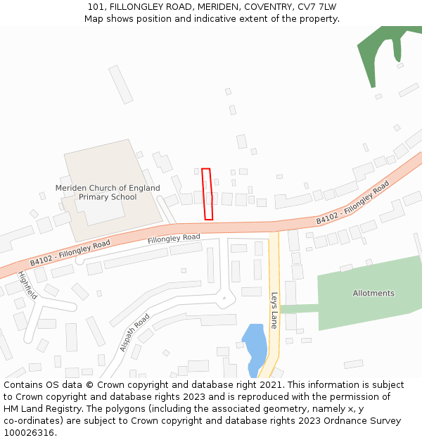 101, FILLONGLEY ROAD, MERIDEN, COVENTRY, CV7 7LW: Location map and indicative extent of plot