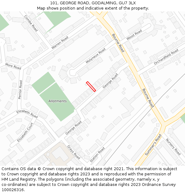 101, GEORGE ROAD, GODALMING, GU7 3LX: Location map and indicative extent of plot