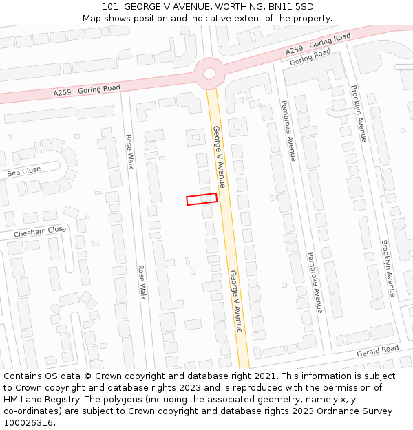 101, GEORGE V AVENUE, WORTHING, BN11 5SD: Location map and indicative extent of plot