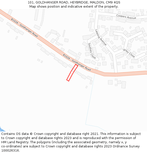 101, GOLDHANGER ROAD, HEYBRIDGE, MALDON, CM9 4QS: Location map and indicative extent of plot