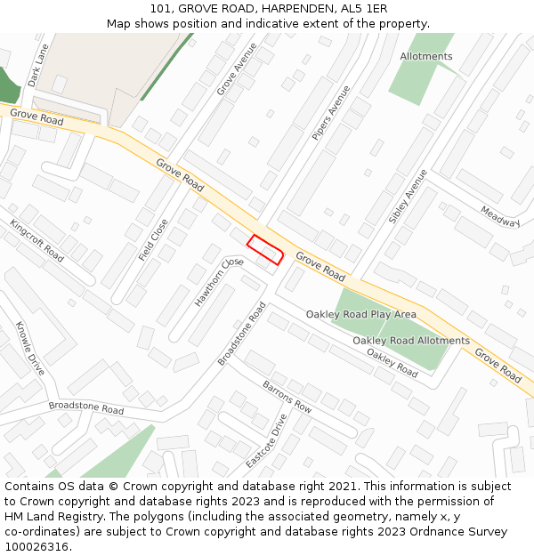 101, GROVE ROAD, HARPENDEN, AL5 1ER: Location map and indicative extent of plot