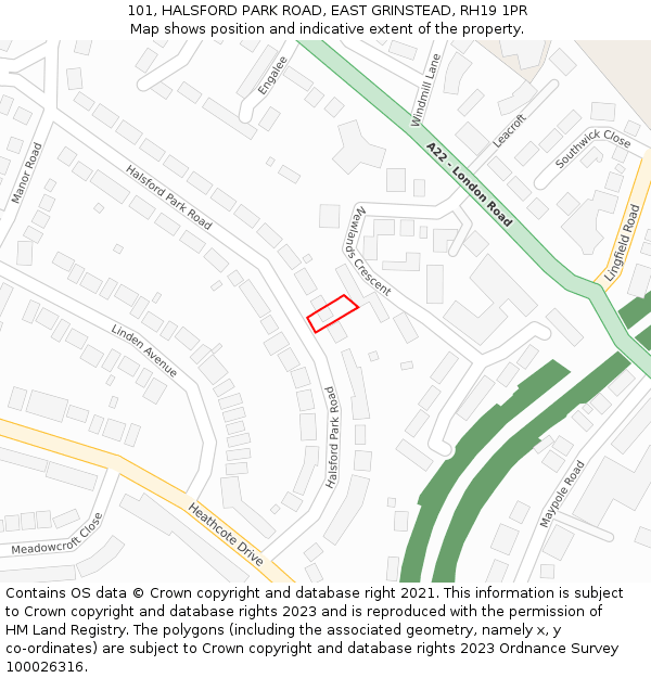 101, HALSFORD PARK ROAD, EAST GRINSTEAD, RH19 1PR: Location map and indicative extent of plot